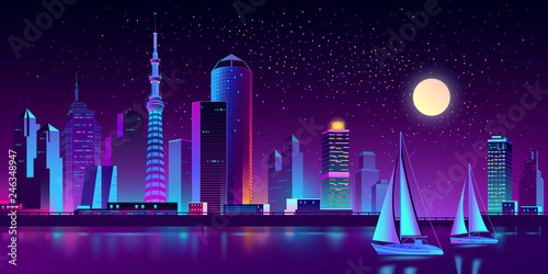 Vector modern megapolis on river at night. Bright yachts and bay, boats on the water, purple glowing buildings on the background. Urban skyscrapers in neon colors, town exterior. Cityscape concept.