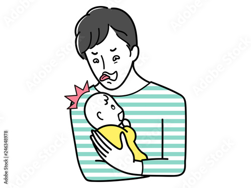 変顔で赤ちゃんを驚かせるパパ