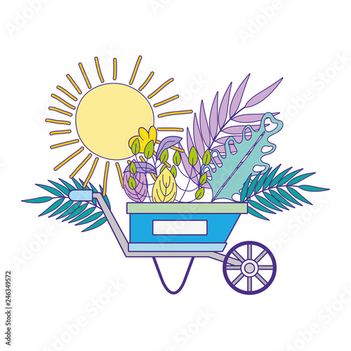 cute wheelbarrow gardening with flowers and sun