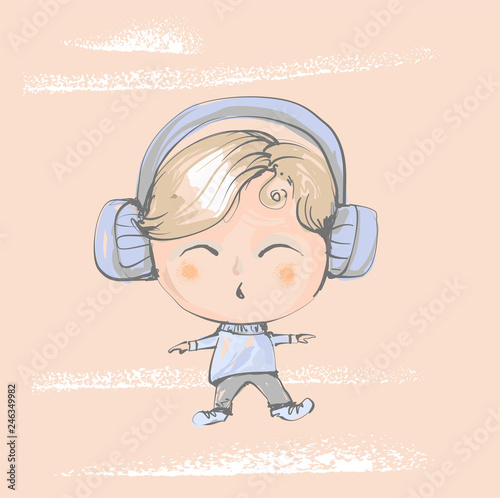 Cute baby boy with big earphones listening music and singing , dancing, fancy childish vector illustration for kid apparel, nursery art