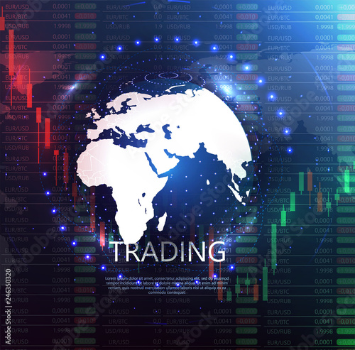 World map point and line composition concept of global business. World map on background stock market or forex trading graph and candlestick chart suitable for financial investment concept