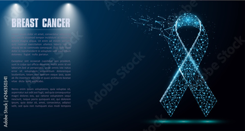  Symbol of breast cancer awareness month in october. Template for poster. Low poly wireframe digital illustration with destruct shapes. Polygonal .Vector illustration.