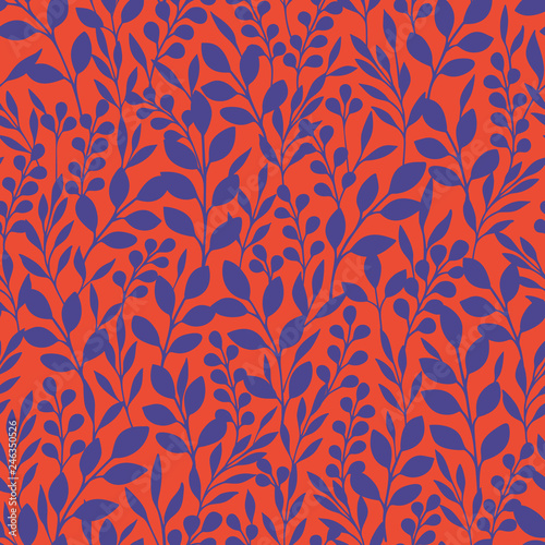 Monochrome Foliage Silhouettes Vector Seamless Pattern. Red and Purple Abstract Floral Print.