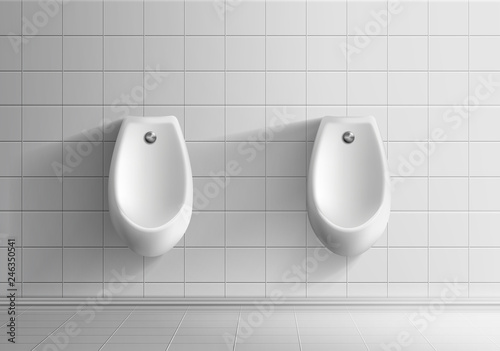 Mens public toilet room 3d realistic vector mockup. Clean ceramic urinals with metal flushing button hanging on white, tiled wall illustration. Hotel or restaurant lavatory interior design elements