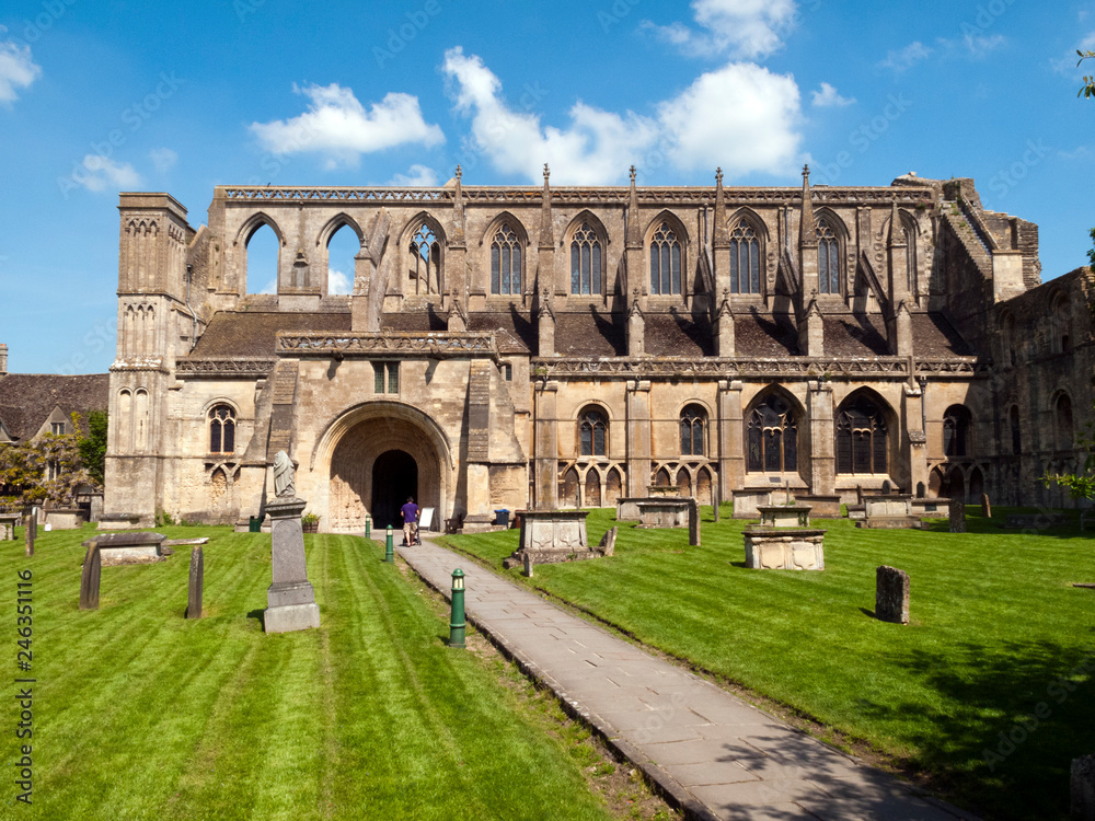 Picturesque Malmesbury Abbey in spring sunshine, Wiltshire, UK