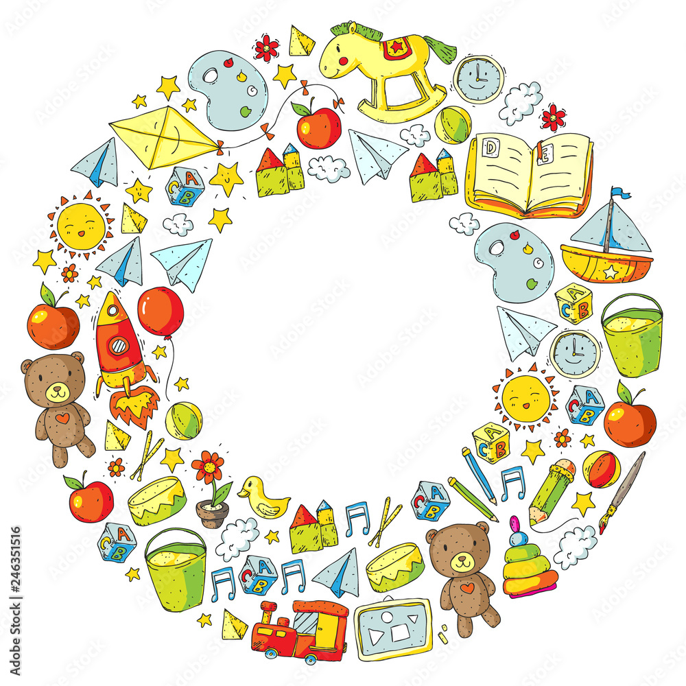 Kindergarten with toys. Pattern for children. Little preschool kids education. Drawing, learning, play Kindergarten with toys. Pattern for children. Little preschool kids education. Drawing, learning, play