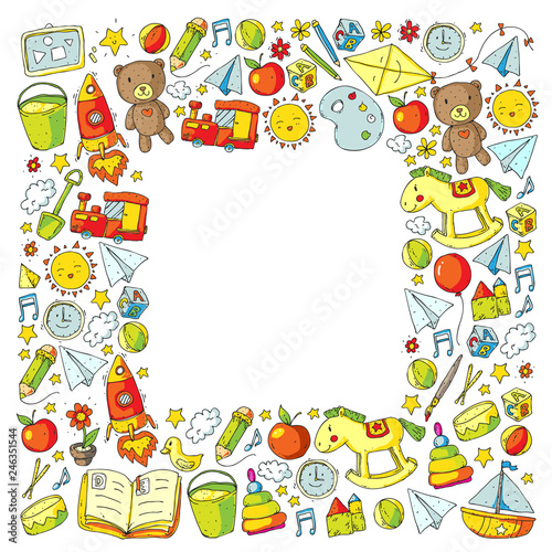 Kindergarten with toys. Pattern for children. Little preschool kids education. Drawing, learning, play