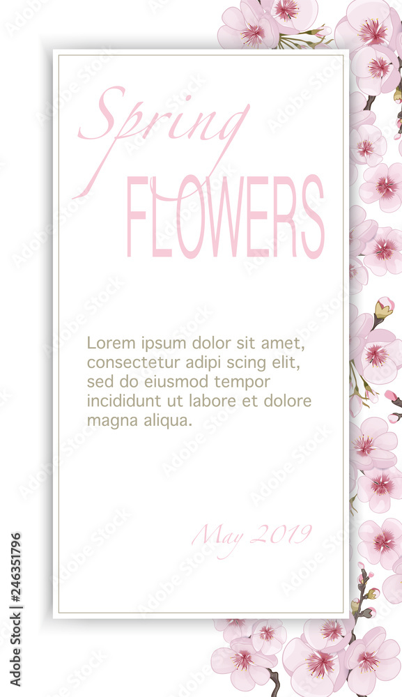 Spring frame vertical of sakura flowers. Pink on white fond. Design element for cover, invitation, booklet, printing. Handmade background in the Japanese style.