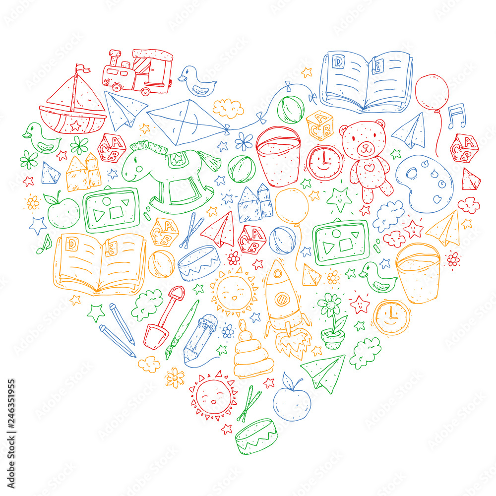 Kindergarten with toys. Pattern for children. Little preschool kids education. Drawing, learning, play