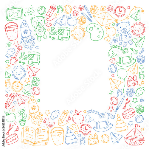 Kindergarten with toys. Pattern for children. Little preschool kids education. Drawing, learning, play