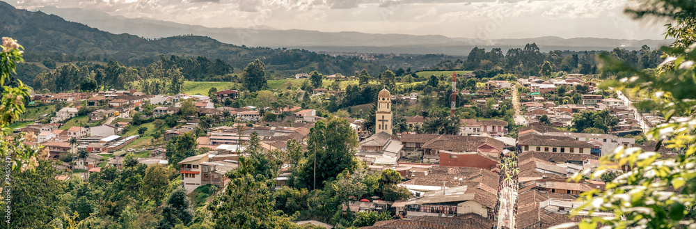 Aerial view of the town of Salento, Quindío, Colombia. Coffee production area.
