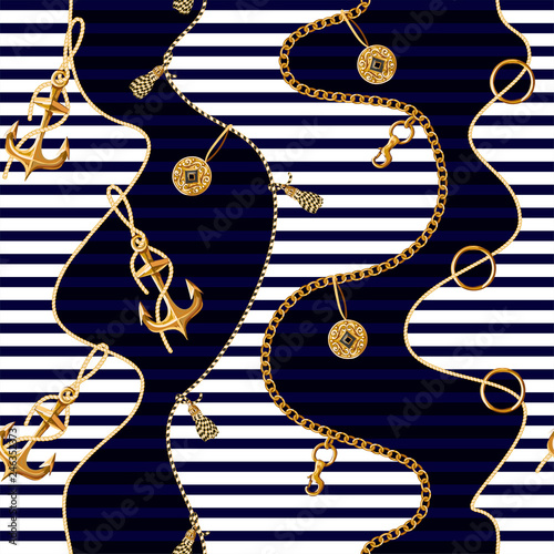 Seamless pattern with gold anchor, coins and chains for fabric design. Vector.