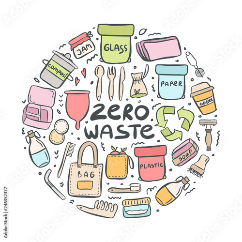 Set of hand drawn elements of zero waste life