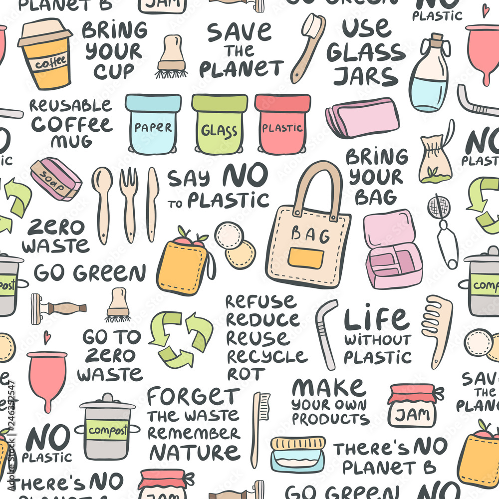 Hand drawn seamless pattern of zero waste Hand drawn seamless pattern of zero waste