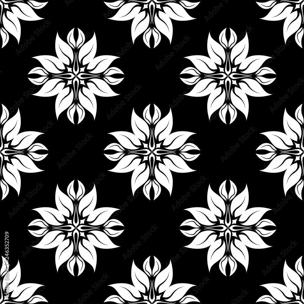 Floral seamless pattern. White design on black background