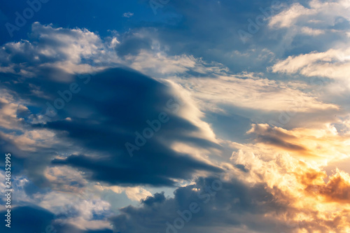 A new heaven concept: Dramatic sky with orange clouds dawn texture background. Summertime.