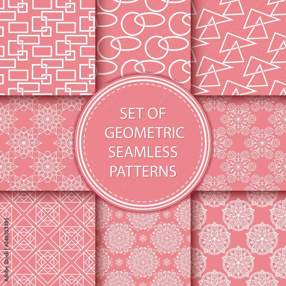 Compilation of seamless patterns. White abstract and geometric prints on pink background