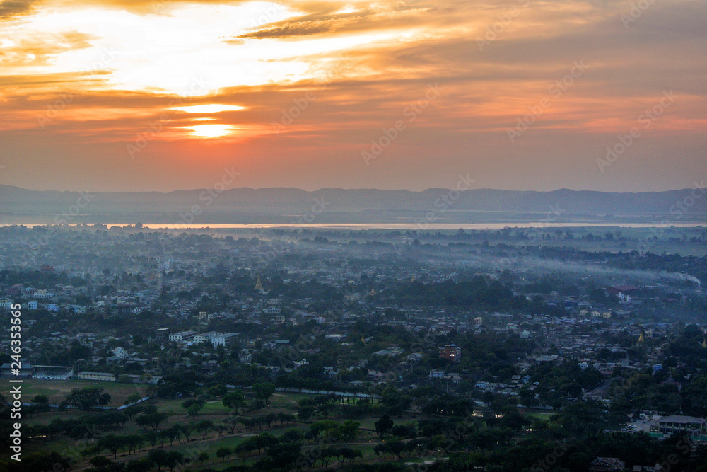 Fototapeta premium Top view Beautiful sunset in Mandalay from Mandalay Hill, Myanmar (Burma).