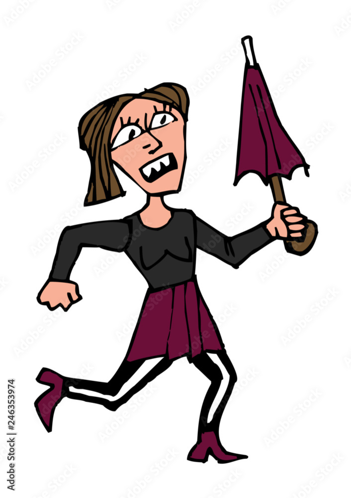 bad woman, fury, roar and threatened with umbrella, comic drawing