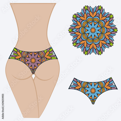 Woman panties briefs with mandala print. Flat vector iluustration. Fashion design.