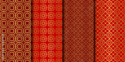 Set of Seamless Pattern With Abstract Geometric Style. Repeating Sample Figure And Line. Vector illustration. red gold color.
