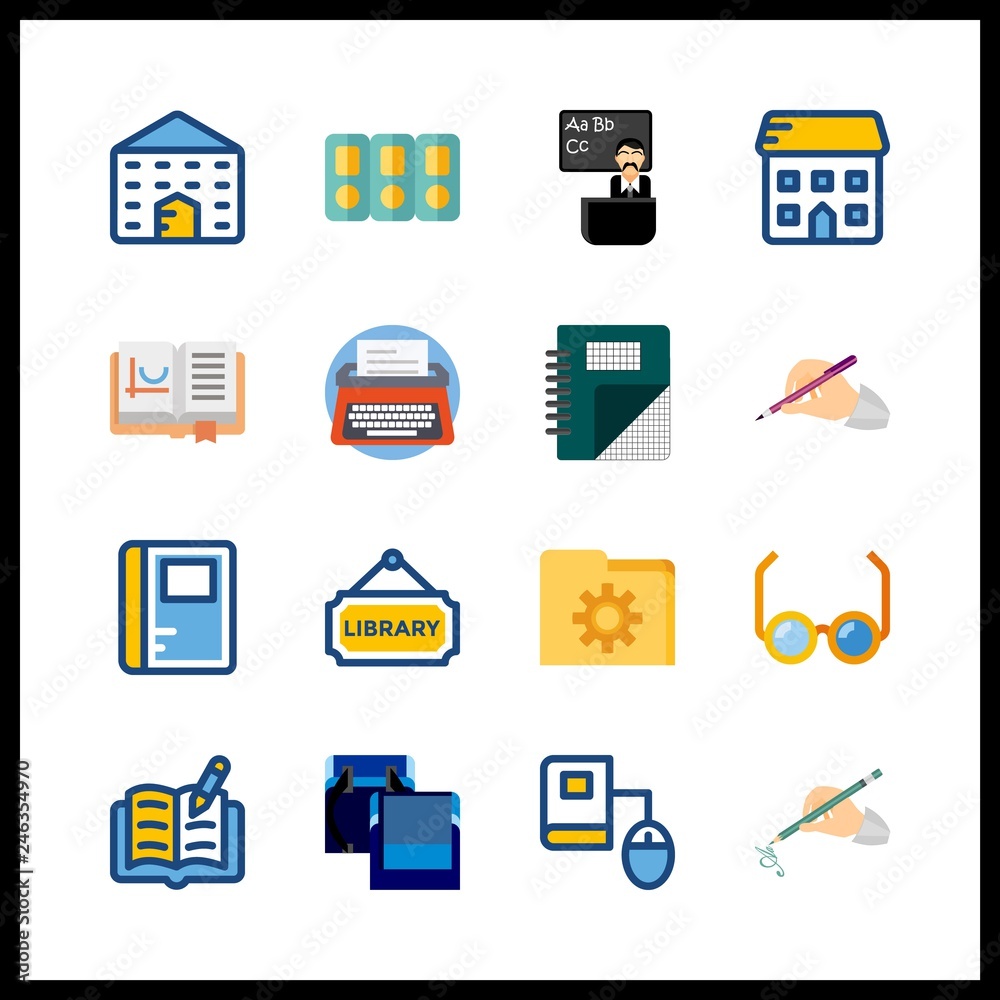 16 book icon. Vector illustration book set. open book and library icons for book works 16 book icon. Vector illustration book set. open book and library icons for book works