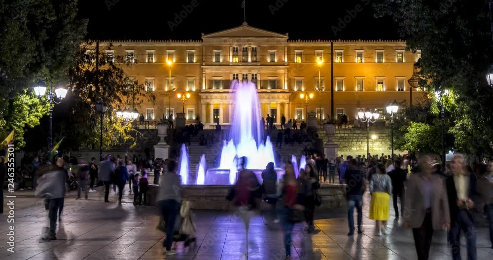 Time lapse of Syntagma Square and Parliament at night, Athens, Greece, Europe