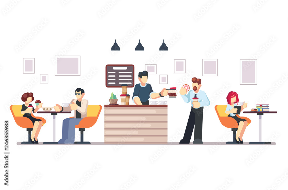 Obraz premium Cafe shop and people relaxing. Modern place interior to meet, drink and eat, chat, have a rest, enjoy free time, barista makes and serves coffee for public. Vector flat style cartoon illustration