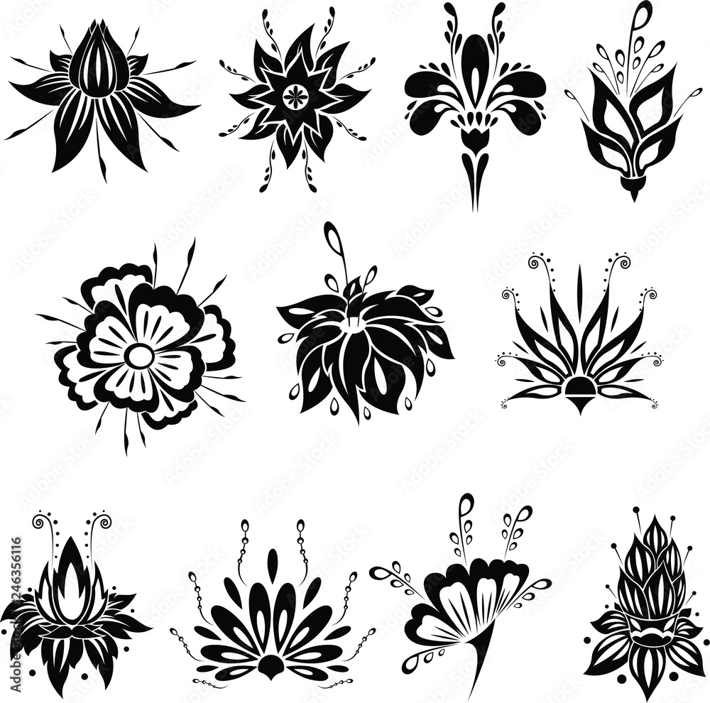 Obraz premium Abstract silhouette of blossom flower vector pack. Ornamental floral concept. Black flourish plant with petals and stamens.