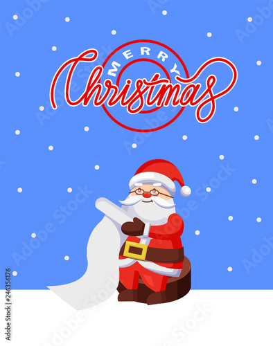 Christmas Greeting card Santa checking wish list. Vector cartoon hero Father Frost sit on snow with glasses and check wishlist from obedient children