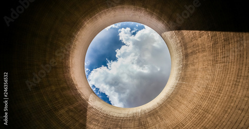 View up a coal burning power plant cooling tower photo