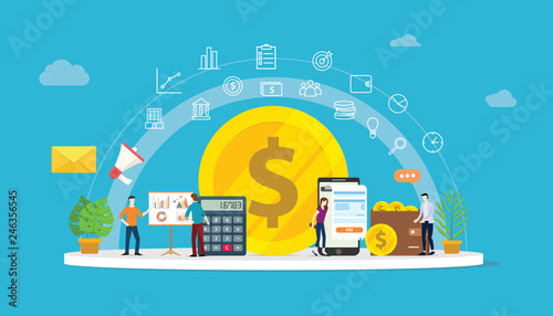 team working to growth money finance with gold coin dollar icon and business icons - vector