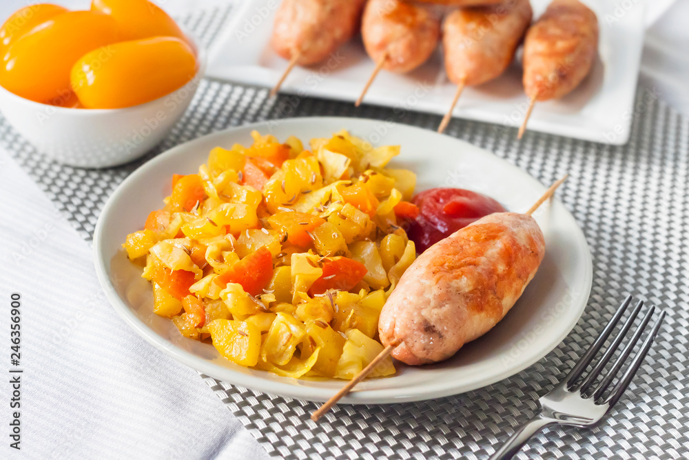 Stewed vegetables with turmeric and cumin and turkey kebab Stewed vegetables with turmeric and cumin and turkey kebab