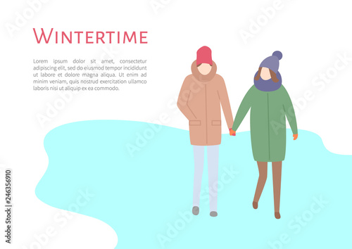 Wintertime couple spending time outdoors in winter season vector. Pair of man and woman holding hands and walking on ice, people in warm clothes put