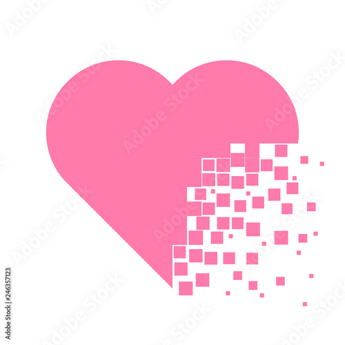 Heart with dissolving pieces effect flat vector icon.