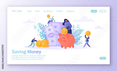 Concept of landing page on finance theme. Flat people, business characters collecting coins into the pink piggy bank. Characters making money. Saving money concept for mobilewebsite, web page. photo