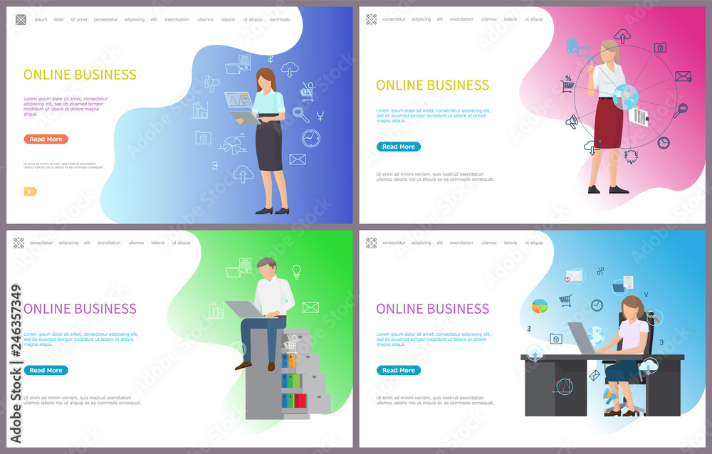 Online business, businesswoman interacting with technologies vector. Person sitting by laptop, browsing internet, global network solving of problems Online business, businesswoman interacting with technologies vector. Person sitting by laptop, browsing internet, global network solving of problems