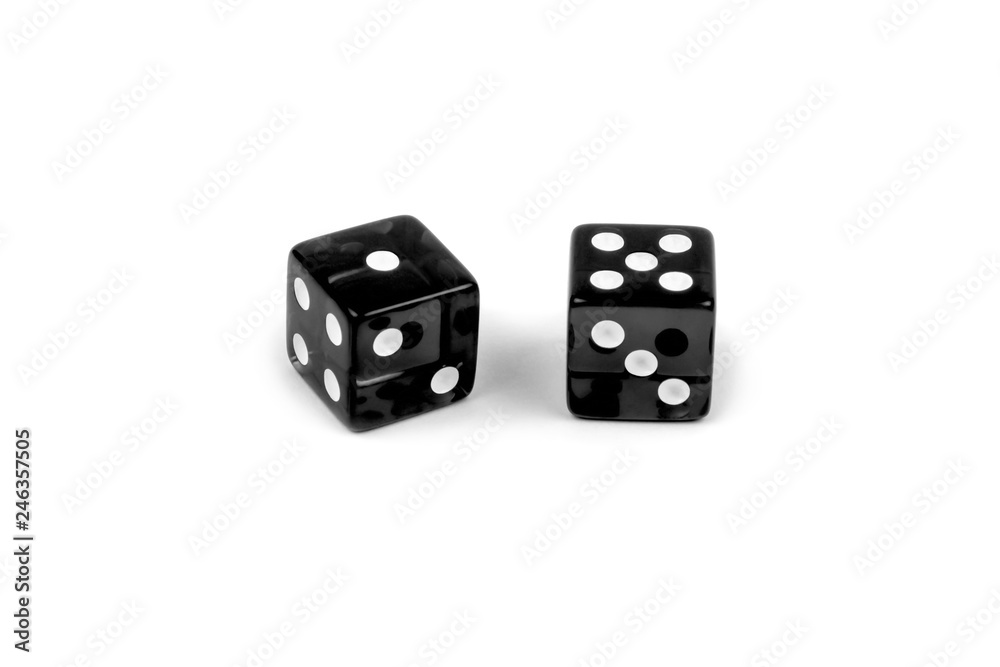 Two black glass dice isolated on white background. One and five. Two black glass dice isolated on white background. One and five.