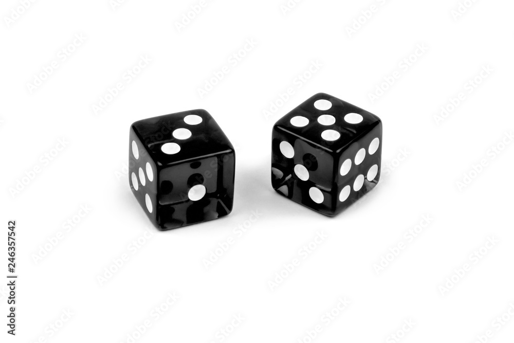 Two black glass dice isolated on white background. Three and five. Two black glass dice isolated on white background. Three and five.