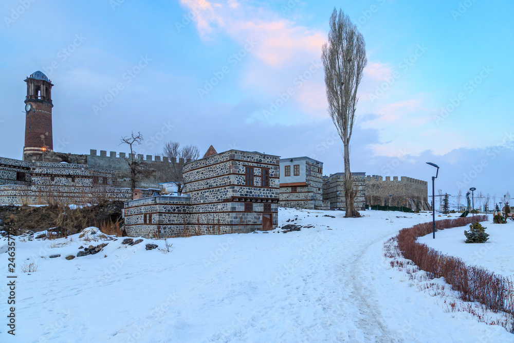 Erzurum castle and park during winter with snow in Erzurum, Turkey