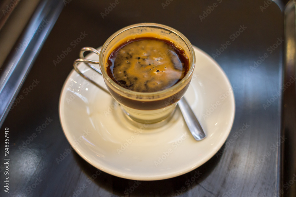 Cafe bombon is a mix of espresso and condensed milk, popular in Spain Cafe bombon is a mix of espresso and condensed milk, popular in Spain