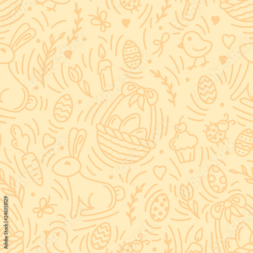 Easter holiday seamless pattern with eggs, rabbits and other elements. Linear style vector illustration. Suitable for wallpaper, wrapping or textile