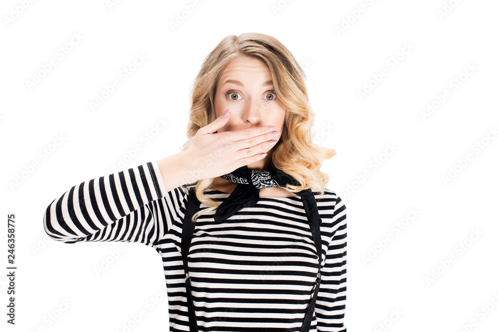 attractive woman holding hand on lips isolated on white attractive woman holding hand on lips isolated on white