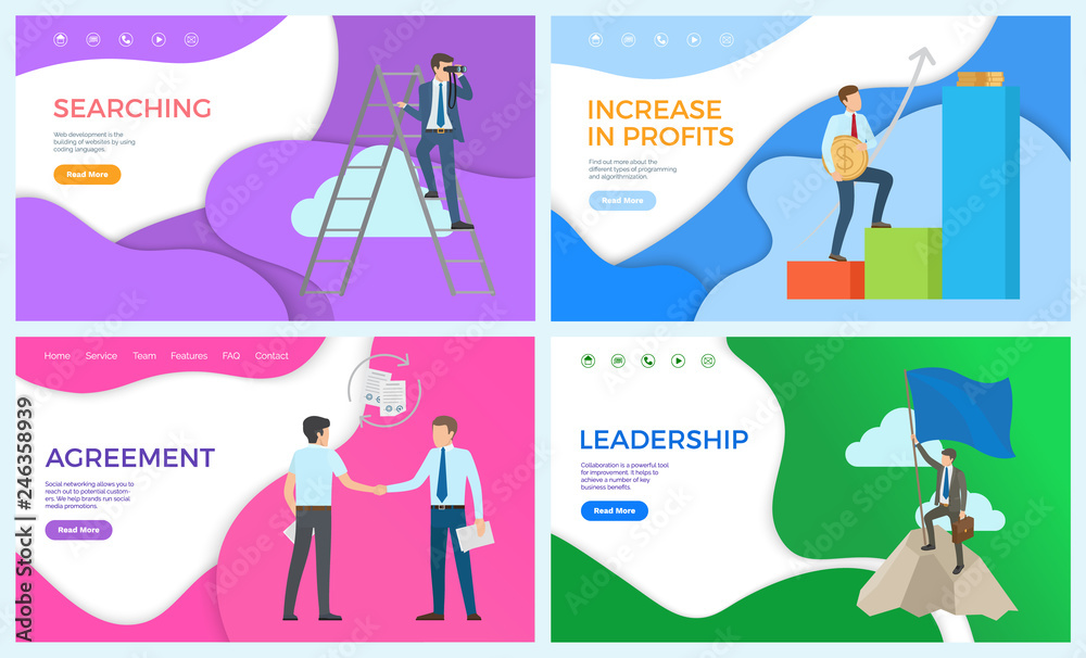 Fototapeta premium Leadership and searching for new ideas posters set vector. Profits in making finance achievement, agreement between partners in business, leader top