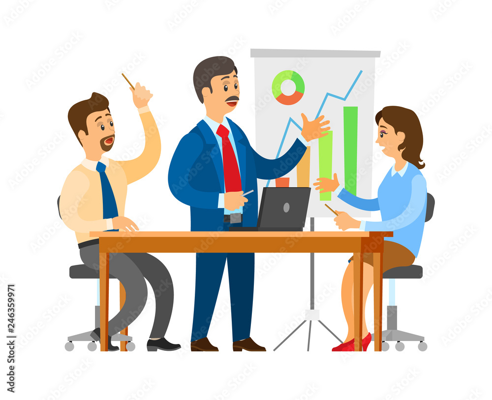 Boss on seminar brainstorming with workers team vector. Whiteboard with statistics and information in visual form, people ideas business solution