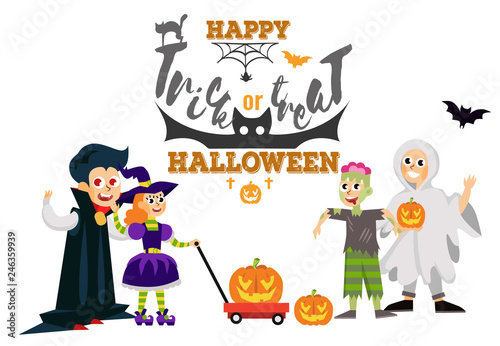 Happy Halloween dad with kids at horror party poster