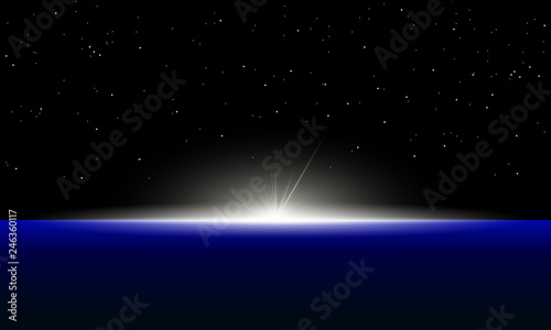 Rising sun behind the Earth vector illustration.
