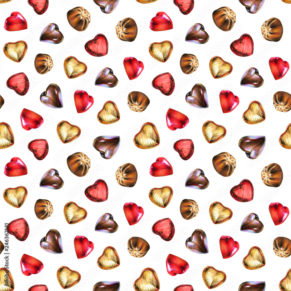 Seamless pattern with chocolate heart in gold and red foil, red glaze. Use for textile, wrapping paper, wallpaper, and other design. Drawing with colorful pencils. Seamless pattern with chocolate heart in gold and red foil, red glaze. Use for textile, wrapping paper, wallpaper, and other design. Drawing with colorful pencils.