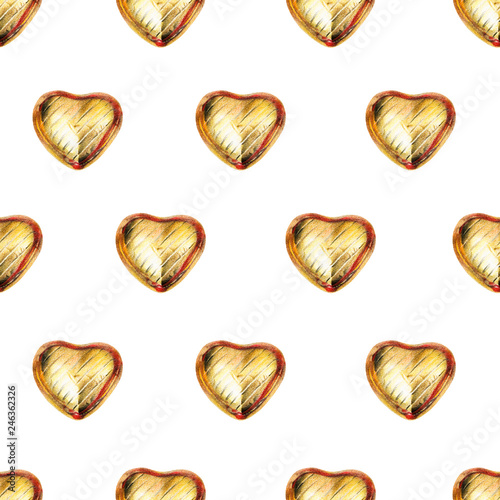 Seamless pattern with chocolate heart in gold foil on white background. Use for textile, wrapping paper, wallpaper, and other design. Drawing with colorful pencils.