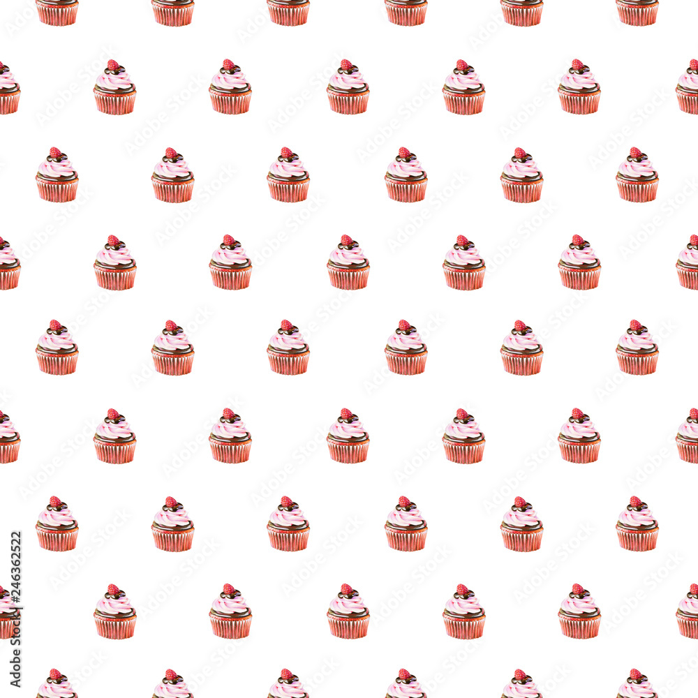 Seamless pattern of red cupcake with cream, chocolate and raspberry isolated on white background. Use for textile, wrapping paper, wallpaper, and other design. Drawing with colorful pencils. Seamless pattern of red cupcake with cream, chocolate and raspberry isolated on white background. Use for textile, wrapping paper, wallpaper, and other design. Drawing with colorful pencils.